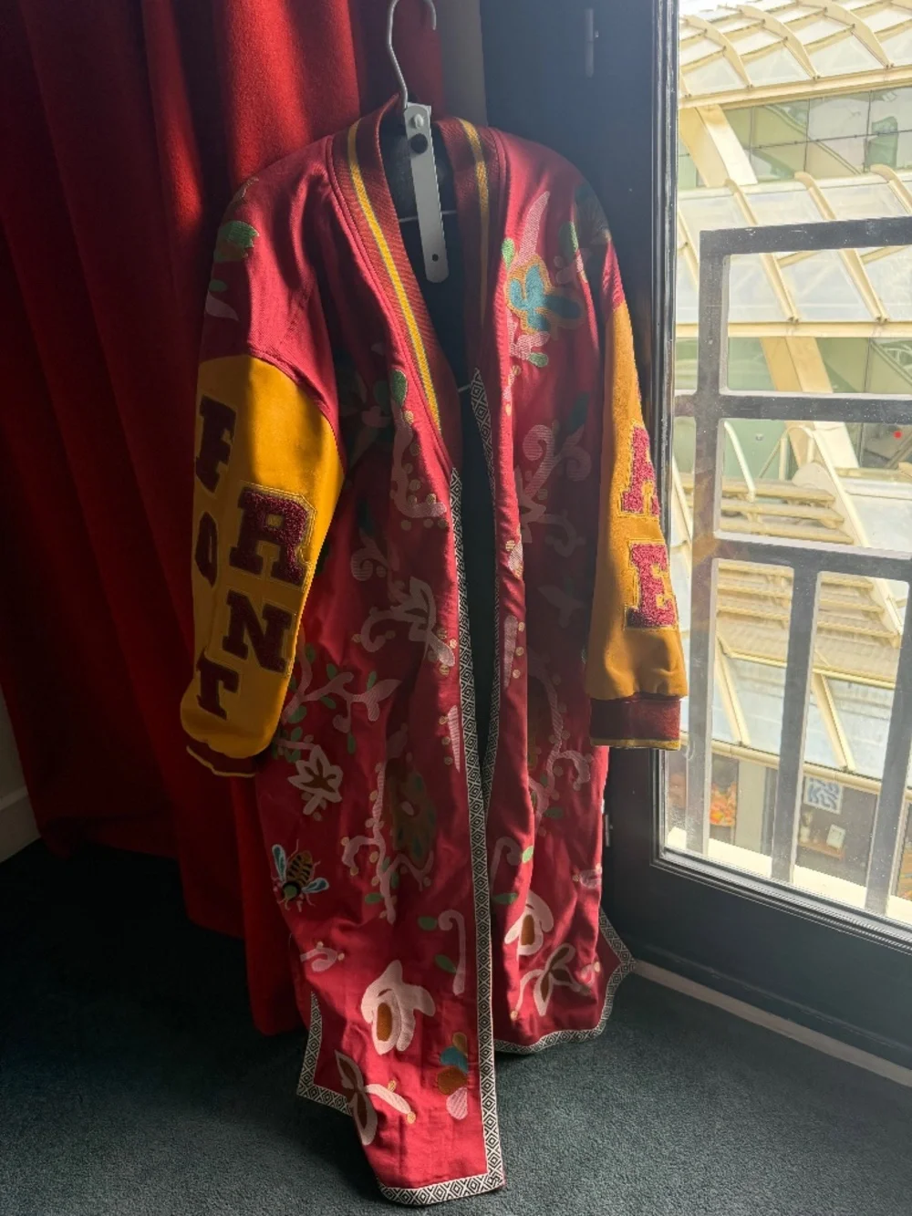 Front Street 8 Long Embroidered Varsity Coat Jacket NWT Burgundy Mustard